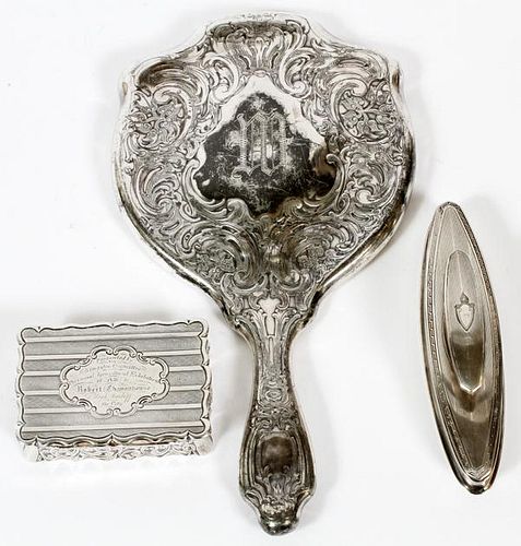 STERLING SILVER HAND MIRROR AND ACCESSORIES 3 PCS.