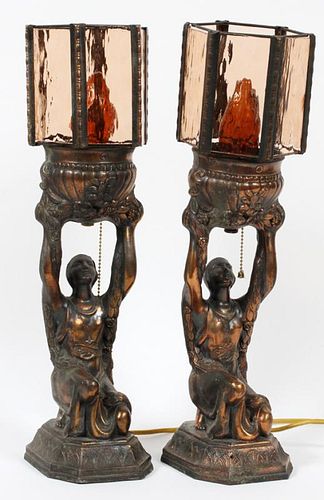 ART DECO STYLE GILT SPELTER FIGURAL TABLE LAMPS