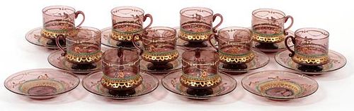 MURANO GLASS & ENAMEL CUPS & SAUCERS 22 PIECES