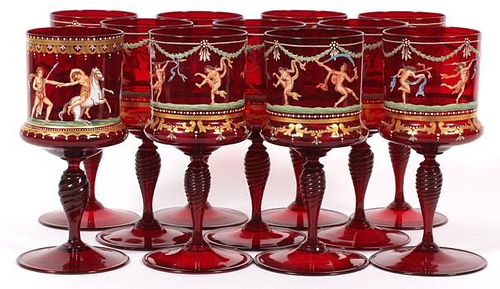 MURANO BLOWN RED GLASS & ENAMEL WATER GOBLETS