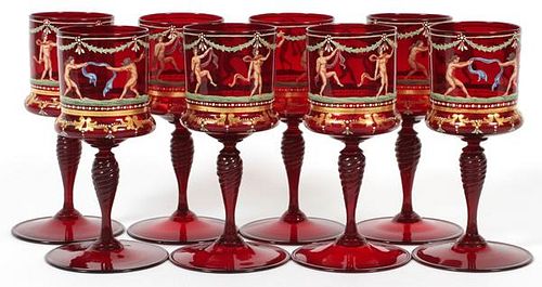 MURANO RED GLASS & ENAMEL WINE GOBLETS C. 1930