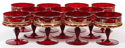 MURANO RED GLASS & ENAMEL COMPOTES C. 1930