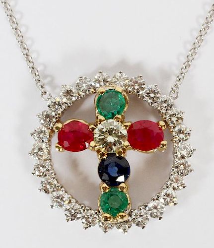 NATURAL SAPPHIRE RUBY EMERALD & DIAMOND NECKLACE