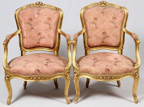 LOUIS XV STYLE CARVED GILT WOOD ARMCHAIRS PAIR
