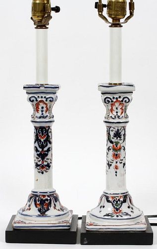 FRENCH FAIENCE CANDLESTICKS MOUNTED AS LAMPS PAIR