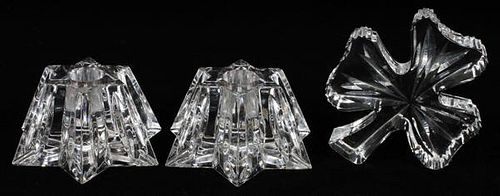 WATERFORD CRYSTAL CANDLE HOLDERS & A PAPERWEIGHT