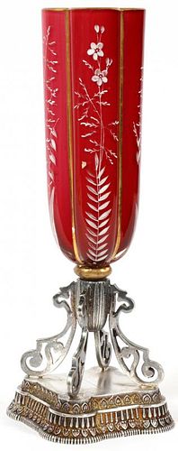 ENGLISH CASED & ENAMELED GLASS VASE ON METAL STAND
