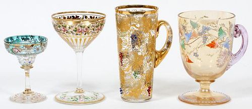 BOHEMIAN ENAMELED & GILT GLASSES THREE & ANOTHER