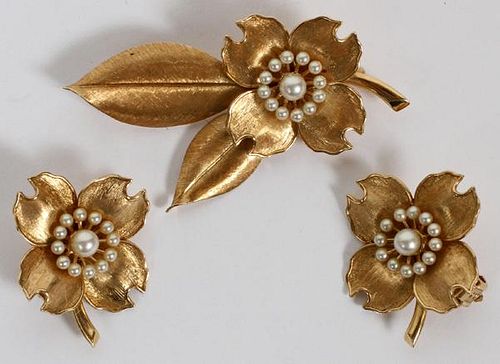 FISHER & CO. GOLD & PEARL BROOCH & PAIR OF EARCLIPS