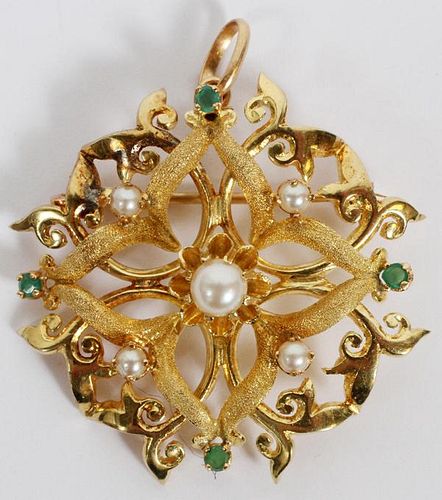 18KT YELLOW GOLD PEARL & EMERALD PENDANT/BROOCH