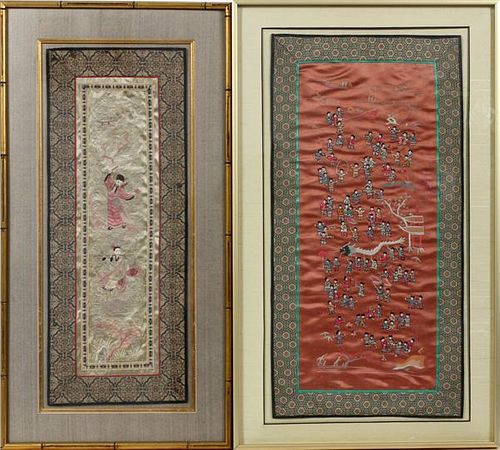 CHINESE EMBROIDERED SILK PANELS, TWO
