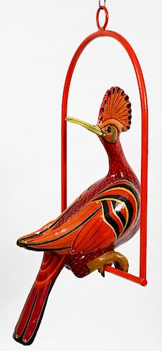 ATTRIBUTED TO SERGIO BUSTAMANTE (MEXICAN, B. 1942), PAPIER MACHE BIRD ON SWING, H 27"