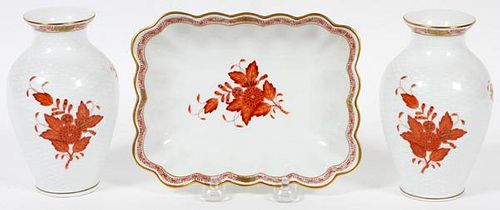 HEREND 'CHINESE BOUQUET RUST' PORCELAIN DISH &VASES
