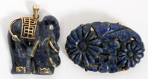 CHINESE CARVED LAPIS BROOCH & PENDANT