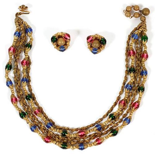MIRIAM HASKELL COSTUME NECKLACE & PAIR OF EARCLIPS