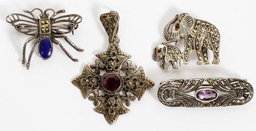 SILVER CROSS PENDANT & STERLING MARCASITE BROOCHES