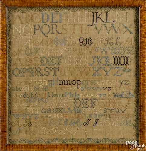 American silk on linen marking sampler, early 19th c., 17'' x 16 1/2''.