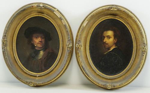 After Rembrandt. Pair of 19th C. Oil on Canvas