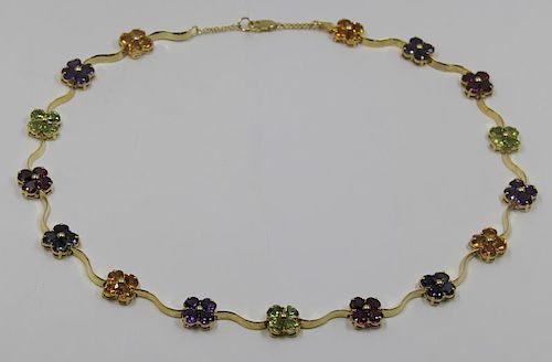 JEWELRY. 14kt Gold and Colored Gem Floral Necklace