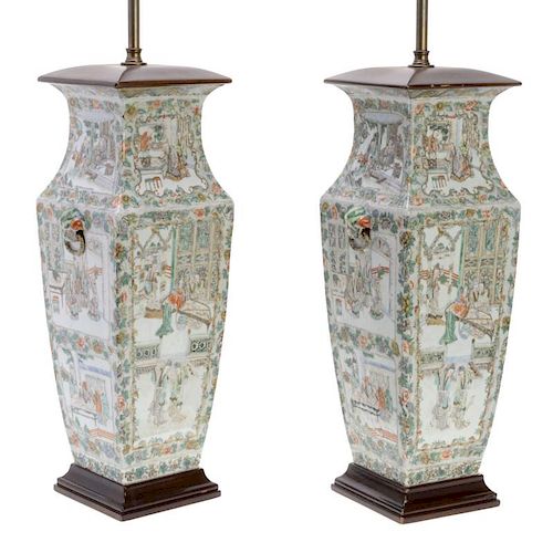 Pair Chinese famille vert porcelain squared vases
