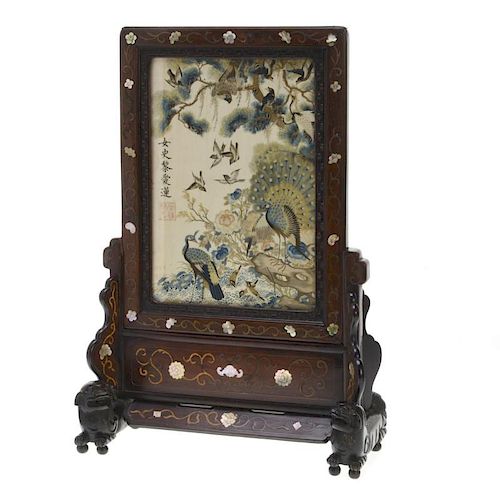 Chinese silk and inlaid hardwood table screen