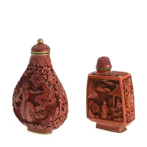 (2) Chinese red cinnabar lacquer snuff bottles