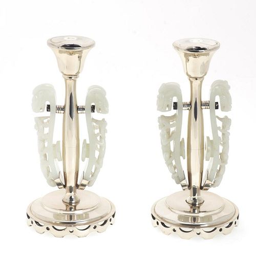 Pair Art Deco jade and sterling candlesticks