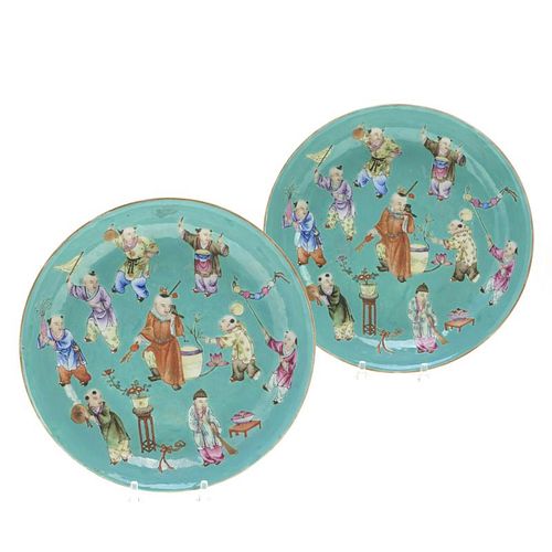 Pair Chinese turquoise ground "100 Boys" dishes