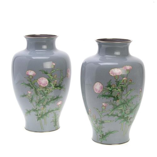 Pair Japanese silver cloisonne vases by Ando