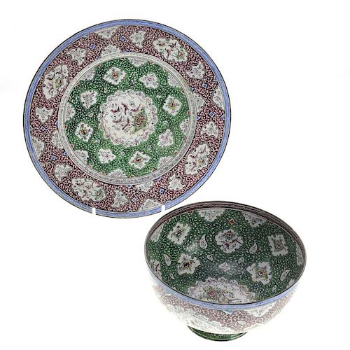 Indo-Persian enamel bowl with underplate