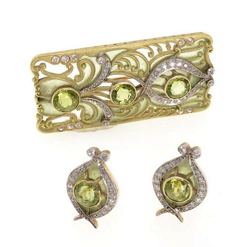 Art Nouveau 18k plique-a-jour brooch, earrings