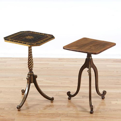 (2) Regency rosewood, grain painted tripod tables