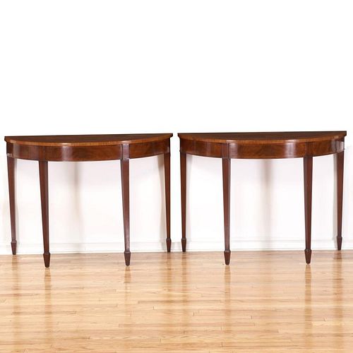 Pr Federal style inlaid mahogany demi-lune tables