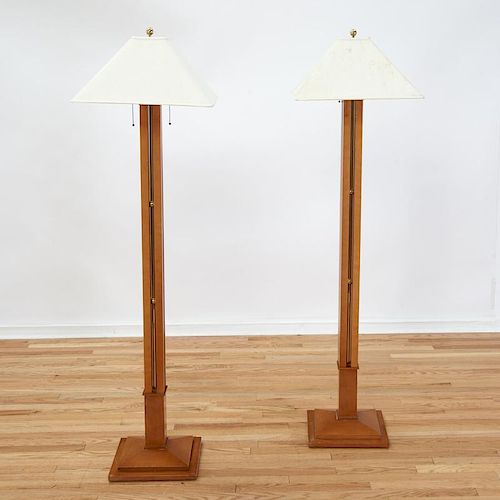 Pair Frank Lloyd Wright style mahogany floor lamps