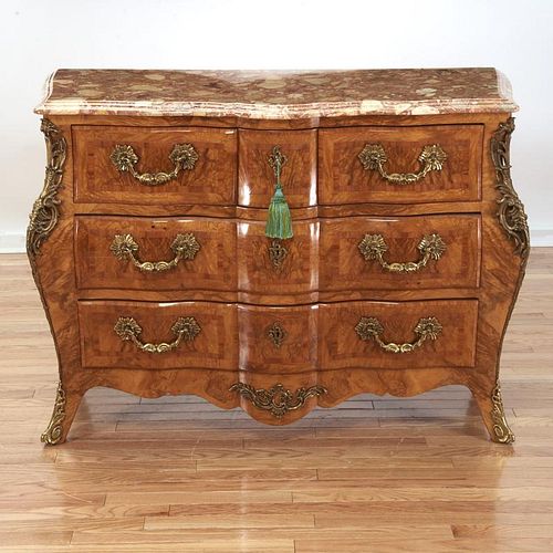 Louis XV style marble top parquetry commode