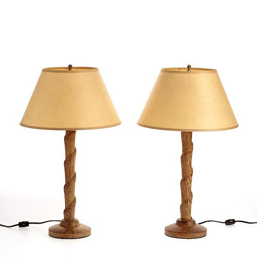 Pair Mid-Century French limed wood lamps