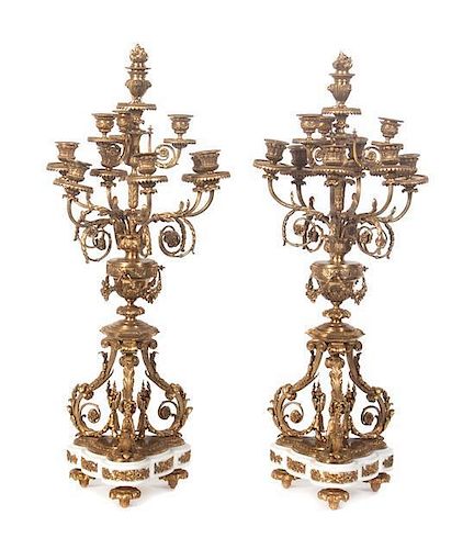 A Pair of Gilt Bronze and Marble Ten-Light Candelabra Height 31 1/2 inches.