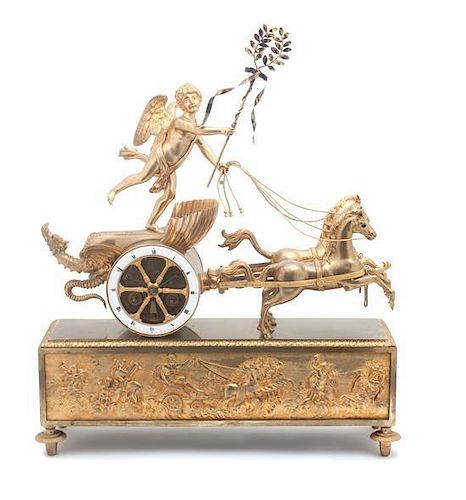 A Continental Gilt Bronze Figural Mantle Clock Width 19 inches.