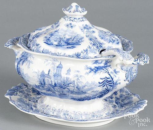 Blue Staffordshire Marmora tureen, ladle, and undertray, 19th c., 11'' h., 14 1/2'' w.