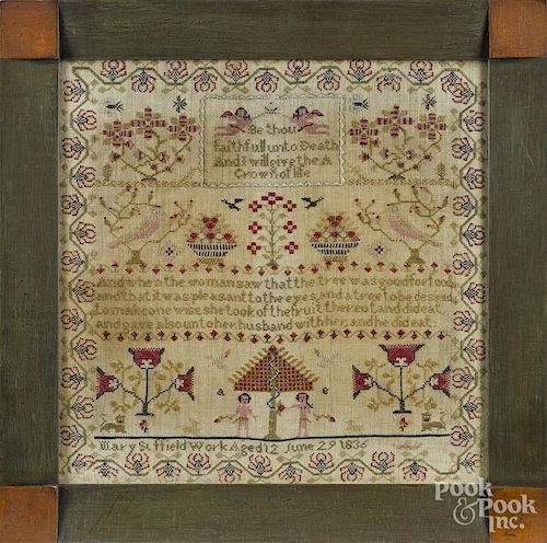 Silk on linen sampler, dated 1836, wrought by Mary Suffield, 20'' x 20''.