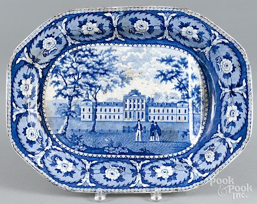 Historical Blue Staffordshire ''Pennsylvania Hospital Philadelphia'' well and tree platter, 19th c.