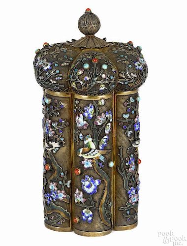 Chinese silver enamel tea caddy with hardstone accents, enamel bird and floral decoration