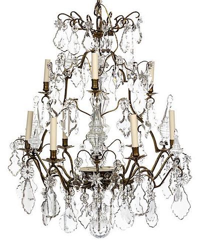 A French Brass and Glass Nine-Light Chandelier Height 37 x diameter 32 inches.