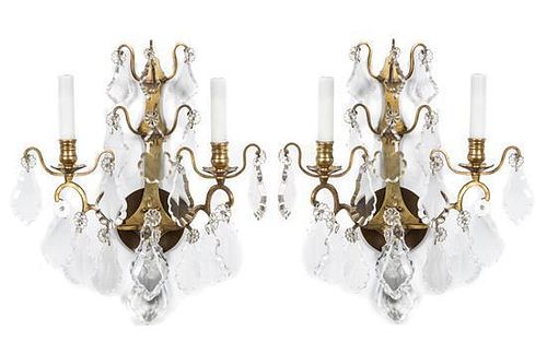 A Pair of French Brass Two-Light Sconces Height 18 3/4 inches.
