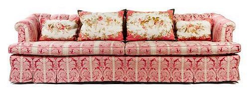 * A Damask Upholstered Sofa Height 30 x width 105 x depth 34 inches.