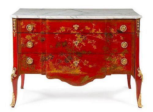 * A Louis VX/XVI Transitional Gilt Bronze Mounted Lacquered Commode Height 35 x width 50 x depth 24 inches.