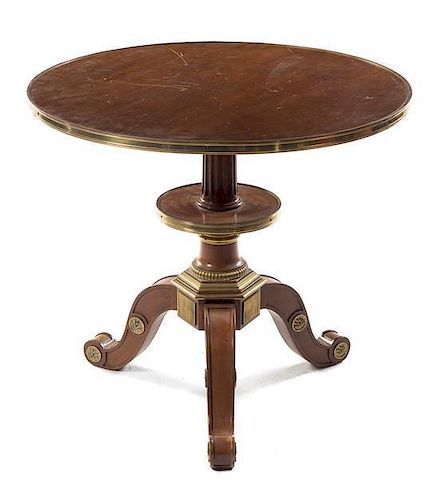 A Louis XVI Style Mahogany Pedestal Table Hieght 27 inches x diameter 30 1/4 inches.