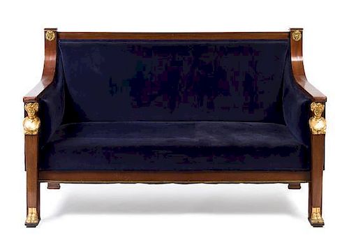* An Empire Style Gilt Metal Mounted Mahogany Settee Height 37 x width 58 1/4 x depth 28 inches.