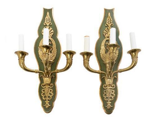 A Pair of Empire Style Gilt Bronze Three-Light Sconces Height 18 inches.