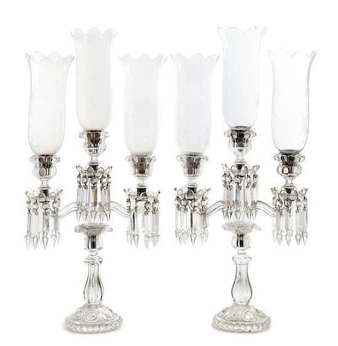A Pair of Baccarat Glass Three-Light Candelabra Height 26 1/2 inches.